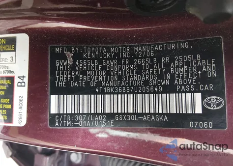 2007 Toyota Avalon Xls z USA, uszkodzony, nr VIN 4T1BK36B97U205649